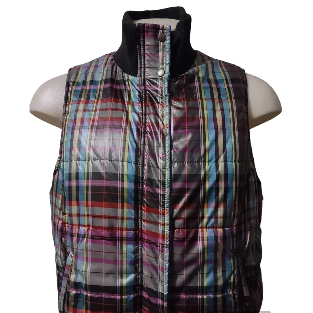CJ Banks Vest Size X Woman's Plaid Puffer Full Zip With Covered Snap Zip Pockets